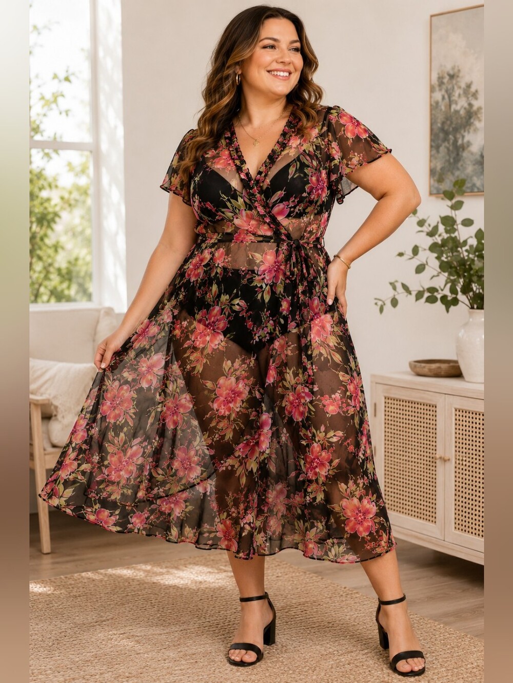 🌺 Vintage J.B.S. Ltd. Floral Faux Wrap Midi Dress | Size 18 | Romantic Cottagec